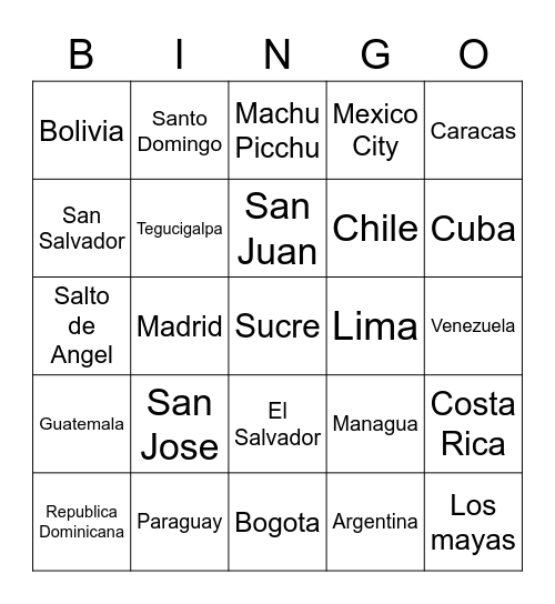 Capitales y Paises Bingo Card
