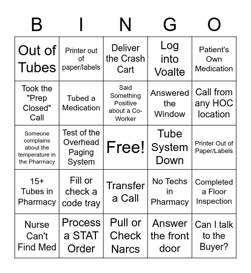 Hospital Pharmacy Bingo Card