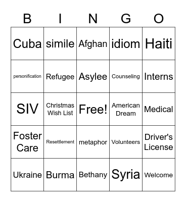 Refugee Bingo Card