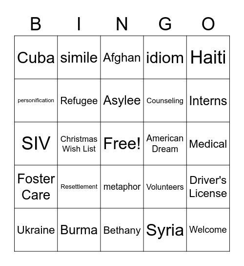 Refugee Bingo Card