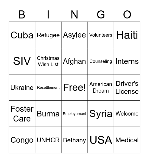 Refugee Bingo Card