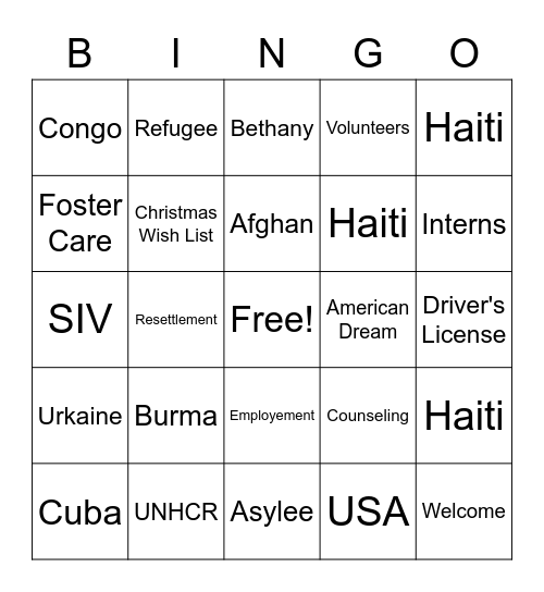 Refugee Bingo Card