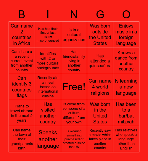 Cultural Bingo (DICE) Bingo Card