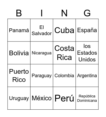 Countries Bingo Card