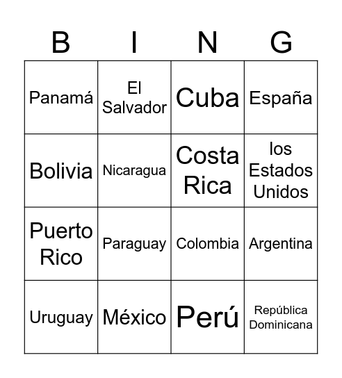 Countries Bingo Card