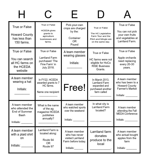 Ag Day- HCEDA Bingo Card