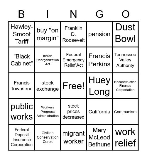 Great Depression Bingo Card