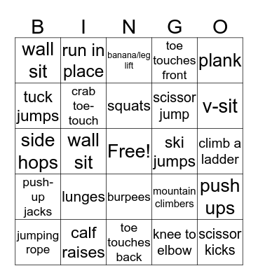 Fitness Bingo Warm Up Bingo Card