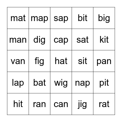 Word Family Bingo Card