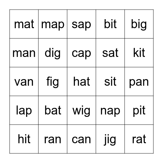 Word Family Bingo Card