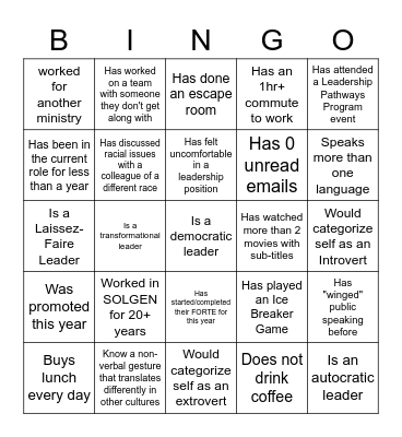 Welcome and Re-orientation Bingo Card