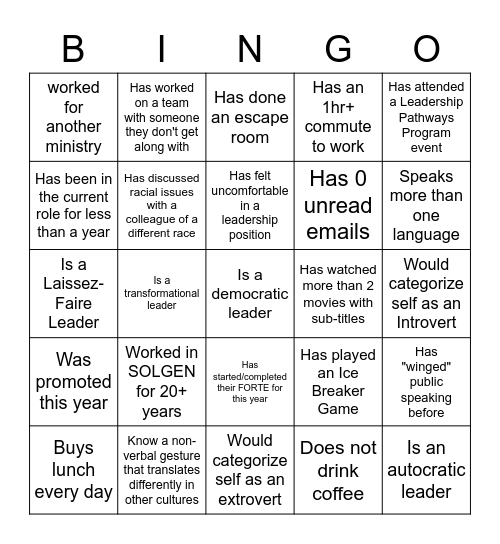 Welcome and Re-orientation Bingo Card