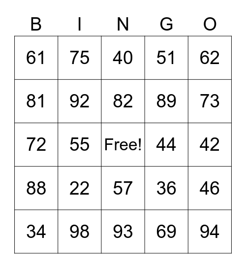 Numbers 20 -100 Bingo Card