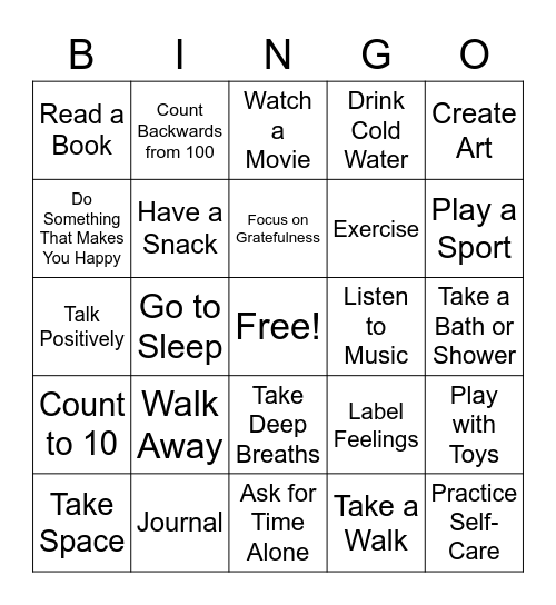 Coping Skills Bingo Card