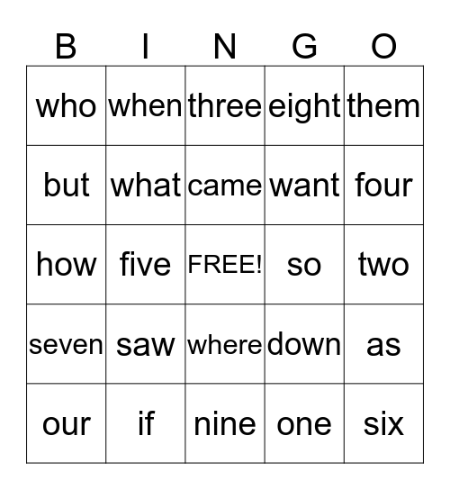 Sight Word Bingo Card