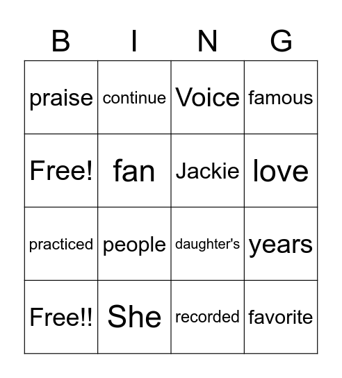 Jackie Evancho:A Little Girl with a Big Voice 1 Bingo Card