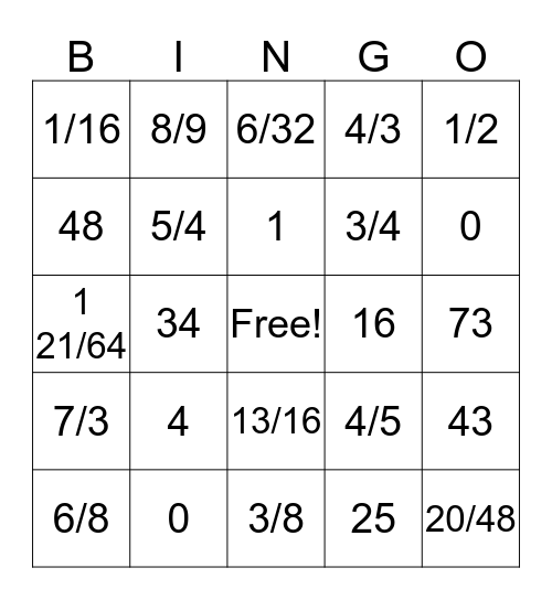 Fractions Bingo Card