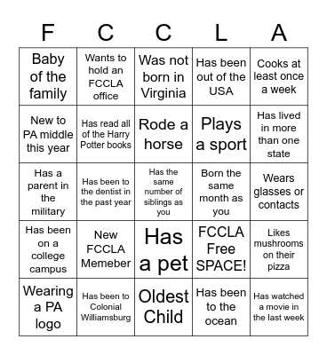 FCCLA Ice Breaker Bingo Card