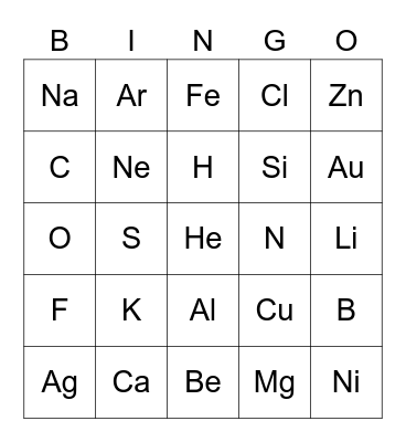 Periodic Table Bingo Card