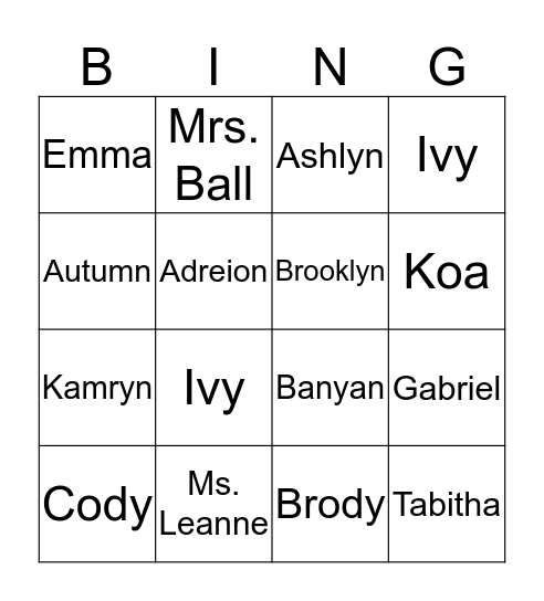 Our Class Bingo Card