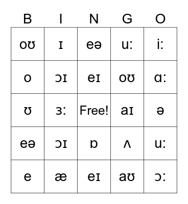 Vowel Sounds Bingo Card