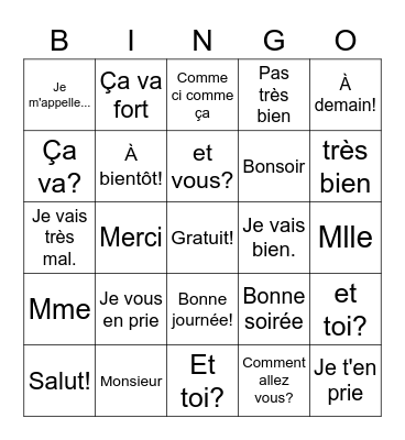 French Greetings Bingo Card