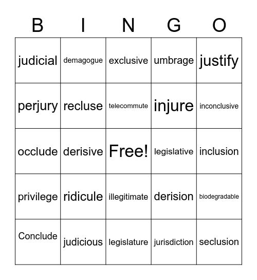 WTW Vocabulary 1 Bingo Card