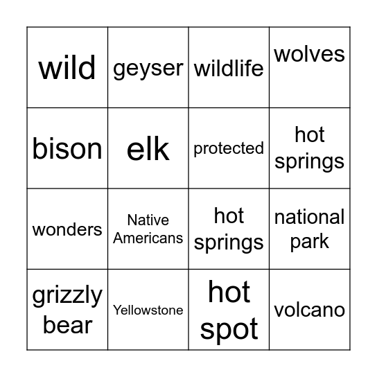 Yellowstone Bingo Card
