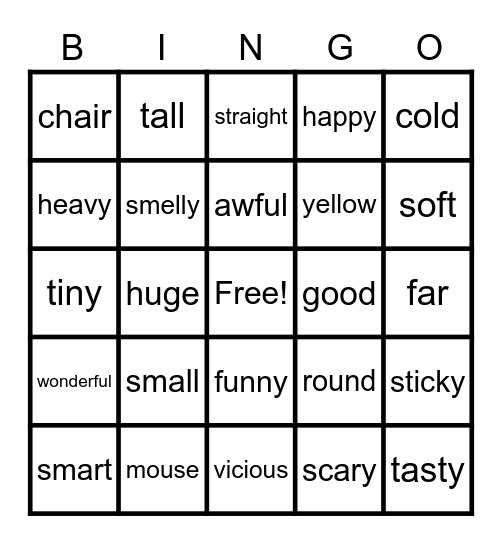 Adjective Bingo Card