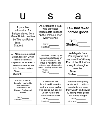 Pre-American Revoltion Bingo Card
