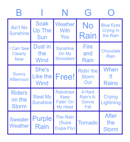 (Sweater) Weather Songs Bingo Card