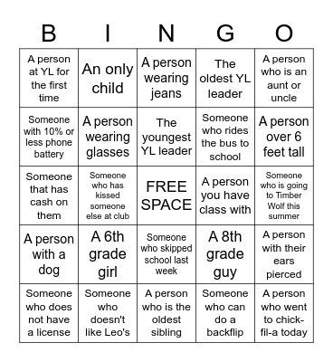 YOUNG LIFE PEOPLE BINGO Card