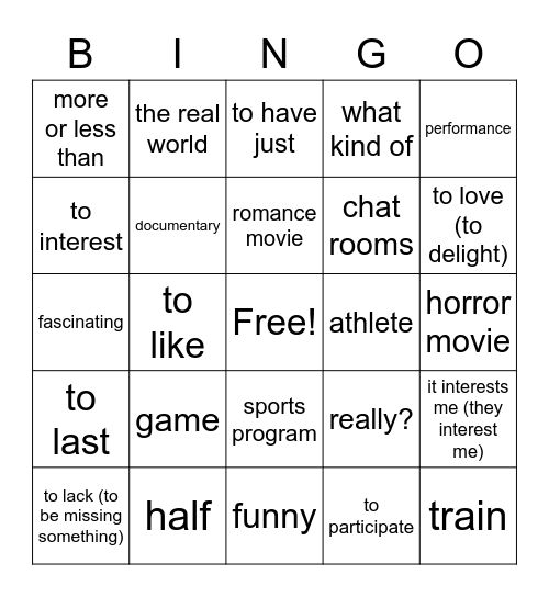 Deportes Y Películas Bingo Card