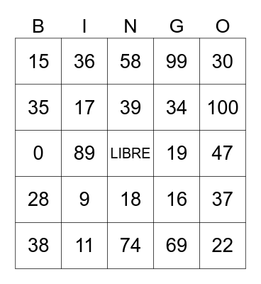 Spanish Numbers Bingo Card
