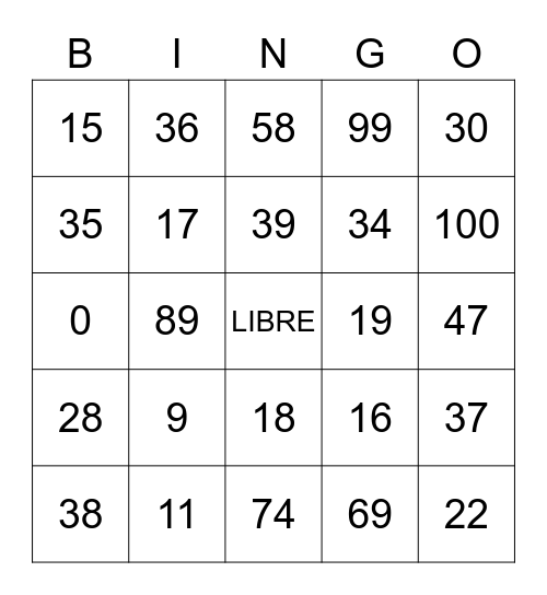 Spanish Numbers Bingo Card