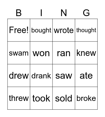 Past Tense Irregular Verbs Bingo Card