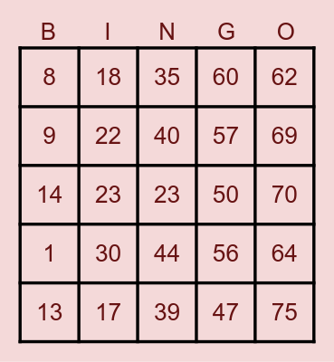 YASSY x205031 Bingo Card