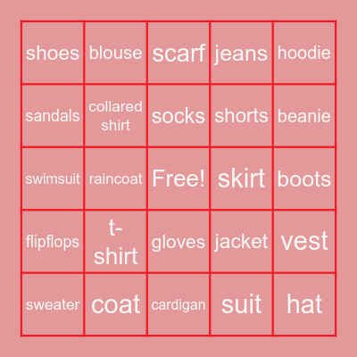 Clothing Vocabulary Bingo Card