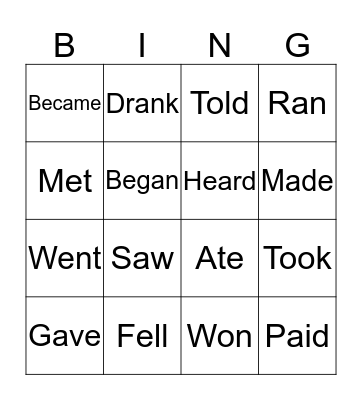 Irregular verbs Bingo Card