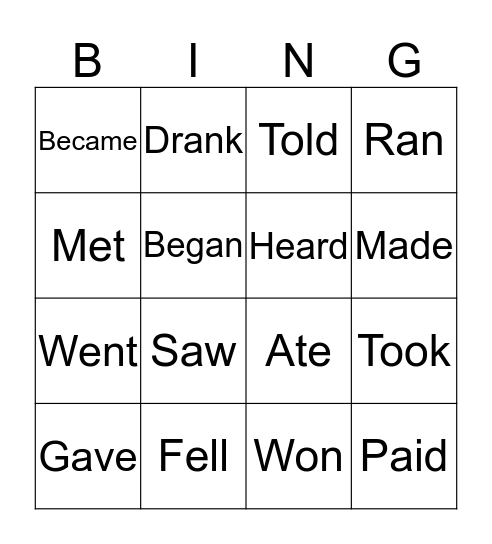 Irregular verbs Bingo Card