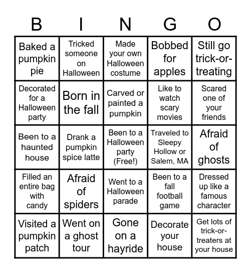 Halloween Party Bingo Card