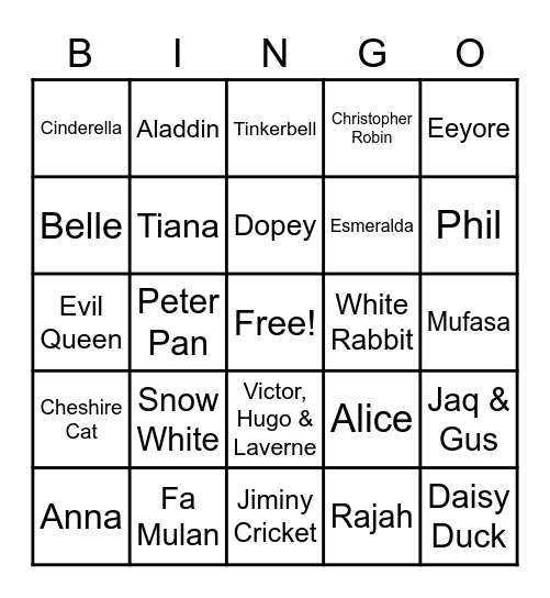 22- DISNEY CHARACTERS Bingo Card