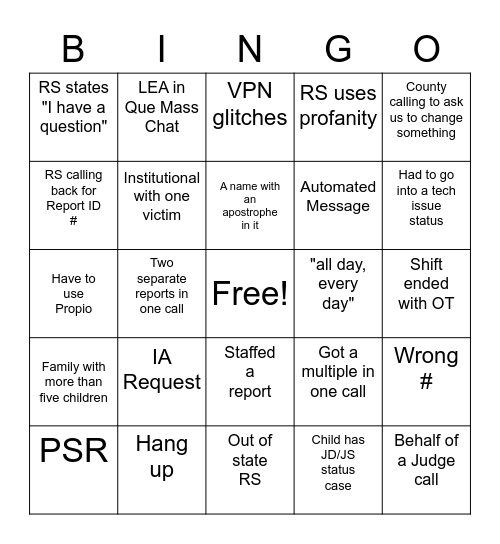 Hotline Bingo Card