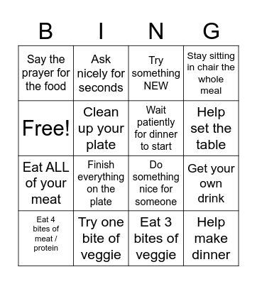 Dinner Time BINGO Card