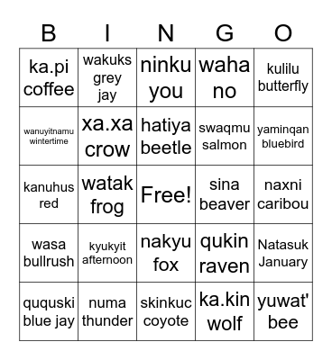 KTUNAXA Bingo Card