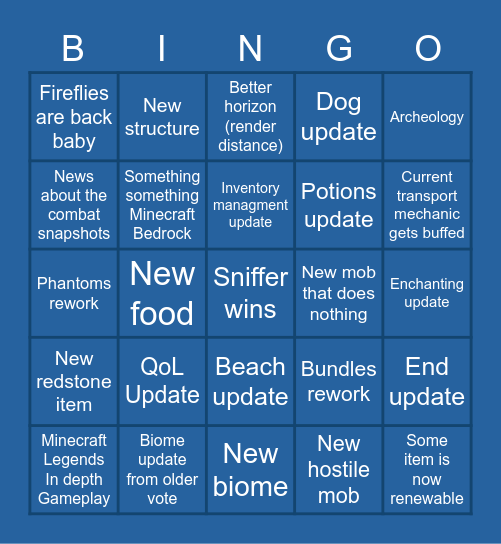 Minecraft Live 2022 Bingo Card