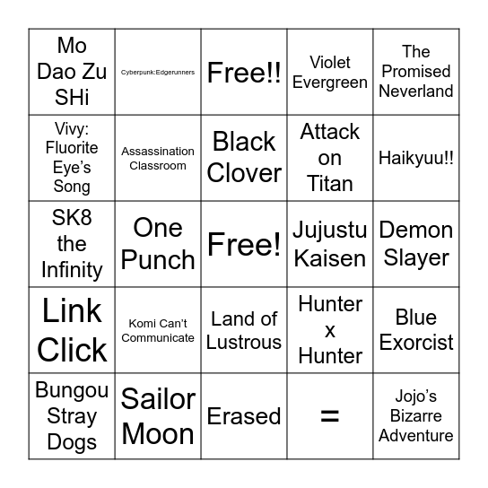 Anime Bingo Card