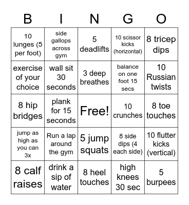 Fitness Bingo Card