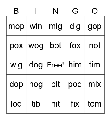 CVC /o/ , /i/ Bingo Card