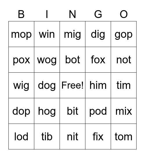 CVC /o/ , /i/ Bingo Card